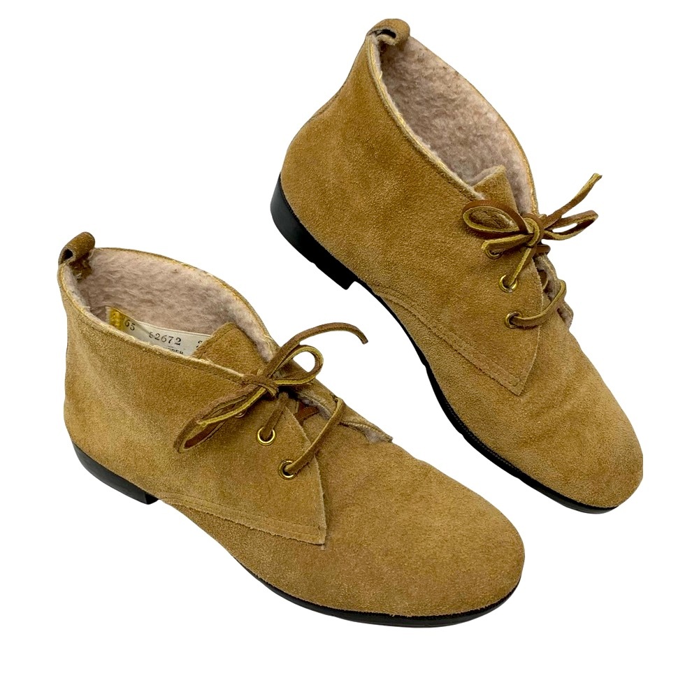 VTG Daniel Green Outdorables USA Suede Sherpa Lined Lace Up Ankle Booties Tan 6